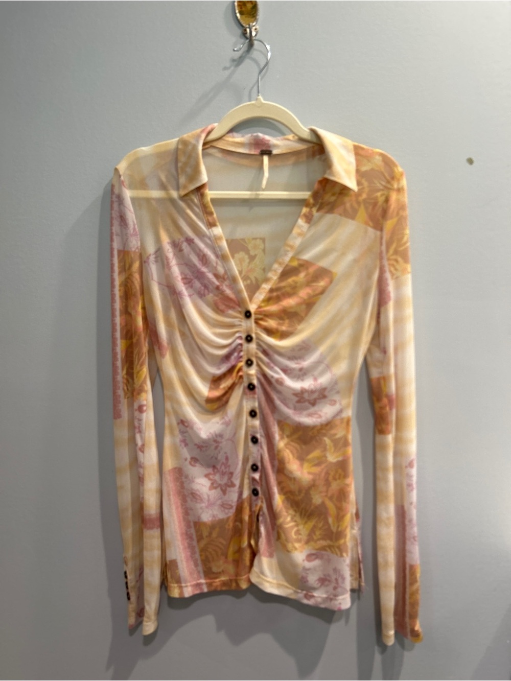 Free People Sheer Floral Ruched Button-Front Blouse in Cream & Pink